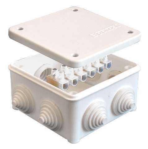 Коробка распределительная ОП 85х85х45мм IP54 с клемм. 7 выходов 3 гермоввода 10А 6 контактов крышка