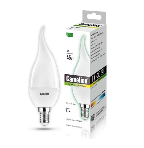 Лампа светодиодная LED5-CW35/830/E14 5Вт свеча на ветру 3000К тепл. бел. E14 390лм 220-240В Camelion