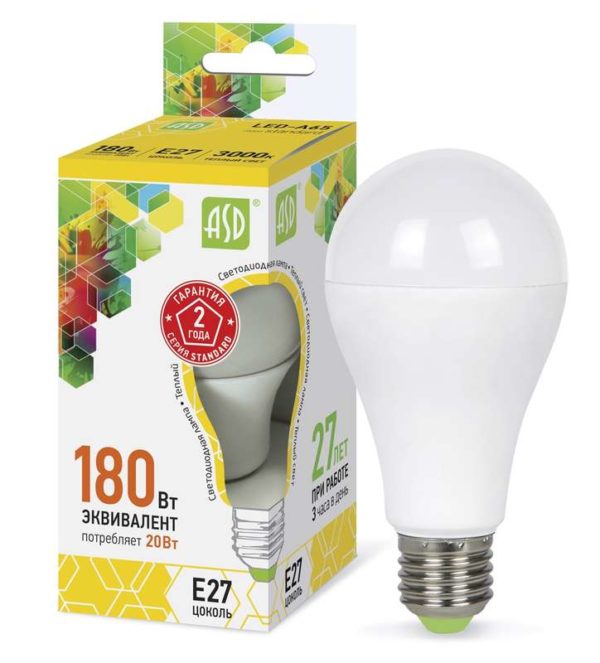 Лампа светодиодная LED-A60-standard 20Вт грушевидная 3000К тепл. бел. E27 1800лм 160-260В ASD 469061