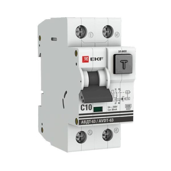 Выключатель автоматический дифференциального тока 1п+N 2мод. C 10А 30мА тип А 6кА АВДТ-63 (эл-мех.)