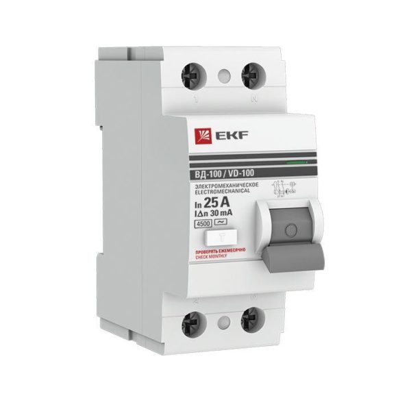 Выключатель дифференциального тока (УЗО) 2п 25А 30мА тип AC ВД-100 PROxima (электромех.) EKF elcb-2-