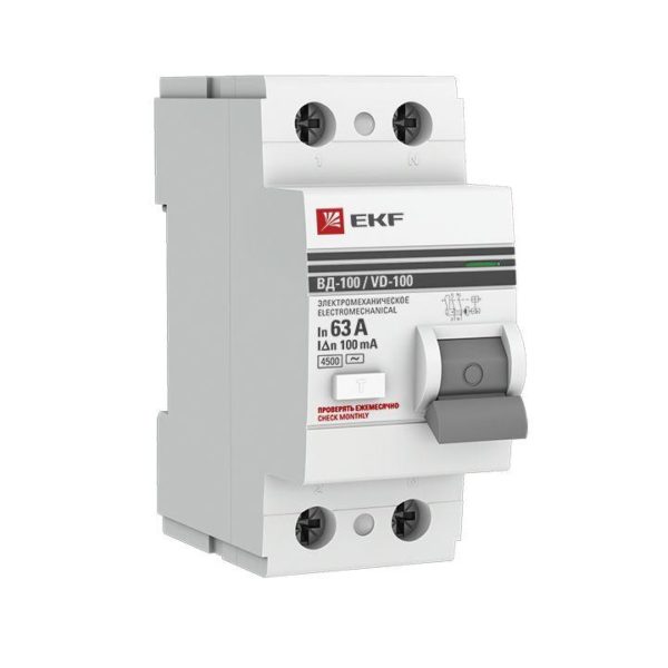 Выключатель дифференциального тока (УЗО) 2п 63А 100мА тип AC ВД-100 PROxima (электромех.) EKF elcb-2