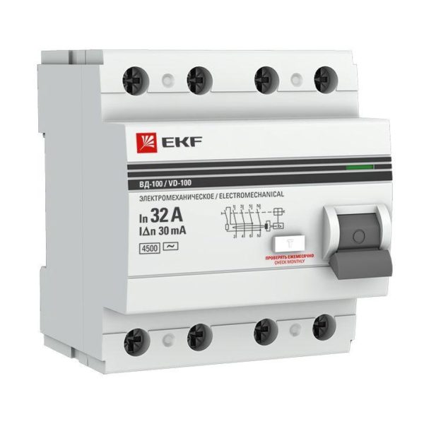 Выключатель дифференциального тока (УЗО) 4п 32А 30мА тип AC ВД-100 PROxima (электромех.) EKF elcb-4-