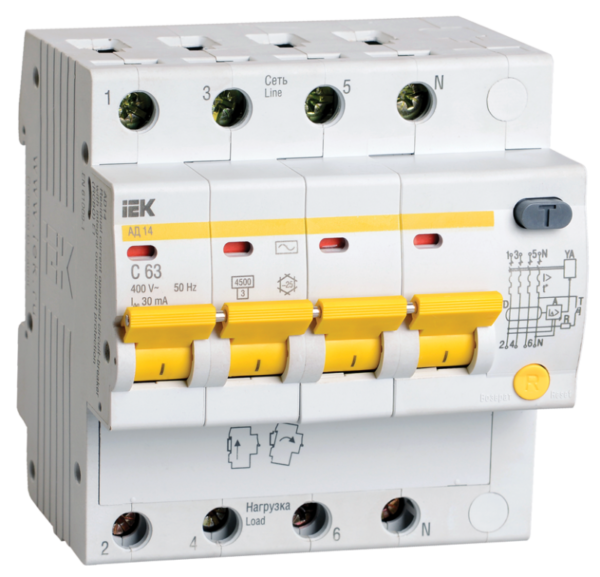 Выключатель автоматический дифференциального тока 4п C 25А 30мА тип AC 4.5кА АД-14 ИЭК MAD10-4-025-C