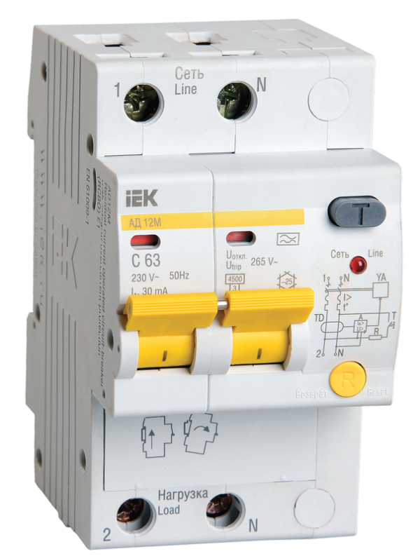 Выключатель автоматический дифференциального тока 2п B 16А 30мА тип A 4.5кА АД-12М ИЭК MAD12-2-016-B