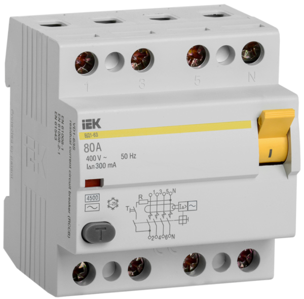 Выключатель дифференциального тока (УЗО) 4п 80А 300мА тип AC ВД1-63 ИЭК MDV10-4-080-300