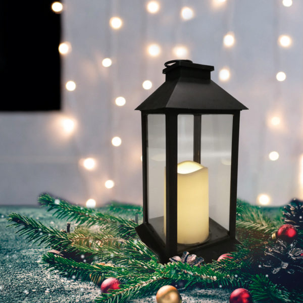 Декоративный фонарь со свечой 14x14x29 см, черный корпус, теплый белый цвет свечения NEON-NIGHT