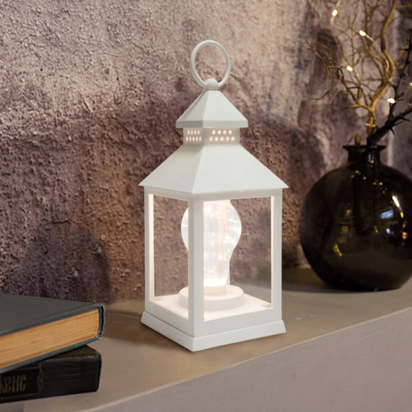 Декоративный фонарь с лампочкой, белый корпус, размер 10.5х10.5х24 см, цвет ТЕПЛЫЙ БЕЛЫЙ